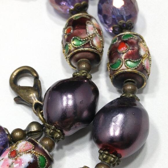 Purple Cloisonne Beaded Necklace, Faux Purple Pearls Czech Faceted Beads, 21 In. - Picture 5 of 8
